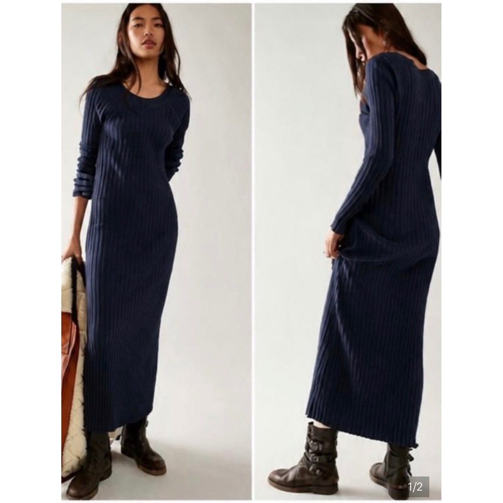 Free People Beach Walk About Navy Blue Long Sleeve Sweater Maxi Dress Stretchy